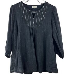 World‎ Market Black Sparkle Gauze Stitched V-Neck Boho Blouse Tunic S/M